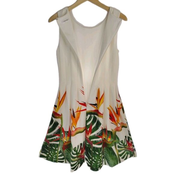 Calvin Klein Bird Of Paradise Dress White Orange Green Fit & Flare Stretch Sm - Picture 3 of 14